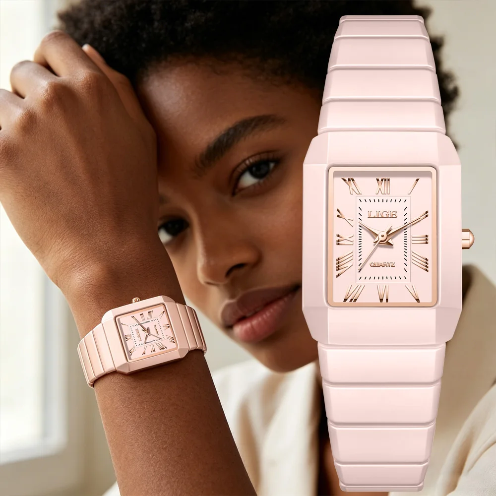LIGE Luxury Fashion Elegant Ladies Watch Ceramic Quartz Women's Watches Female Pink Watch for Woman Waterproof Bracelet Clock