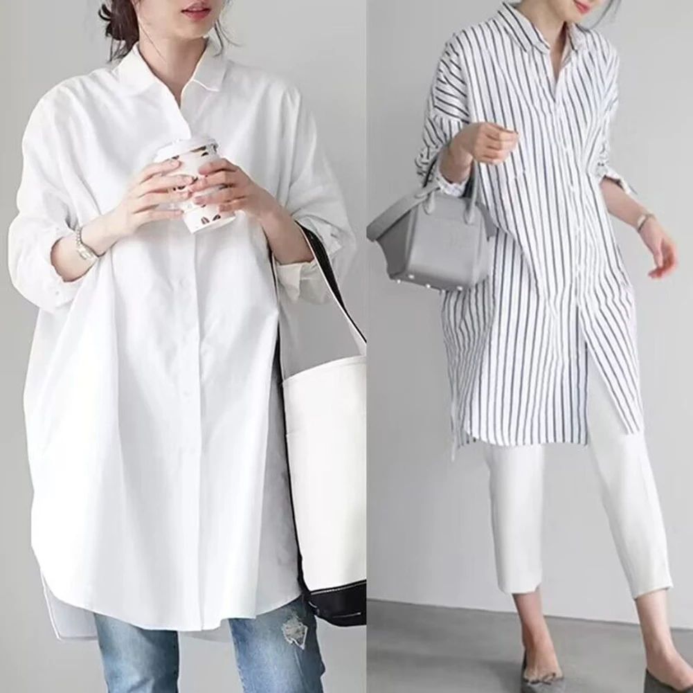 Lapel Long Sleeve Shirt Women Elegant Casual Loose Work Solid Color Oversized