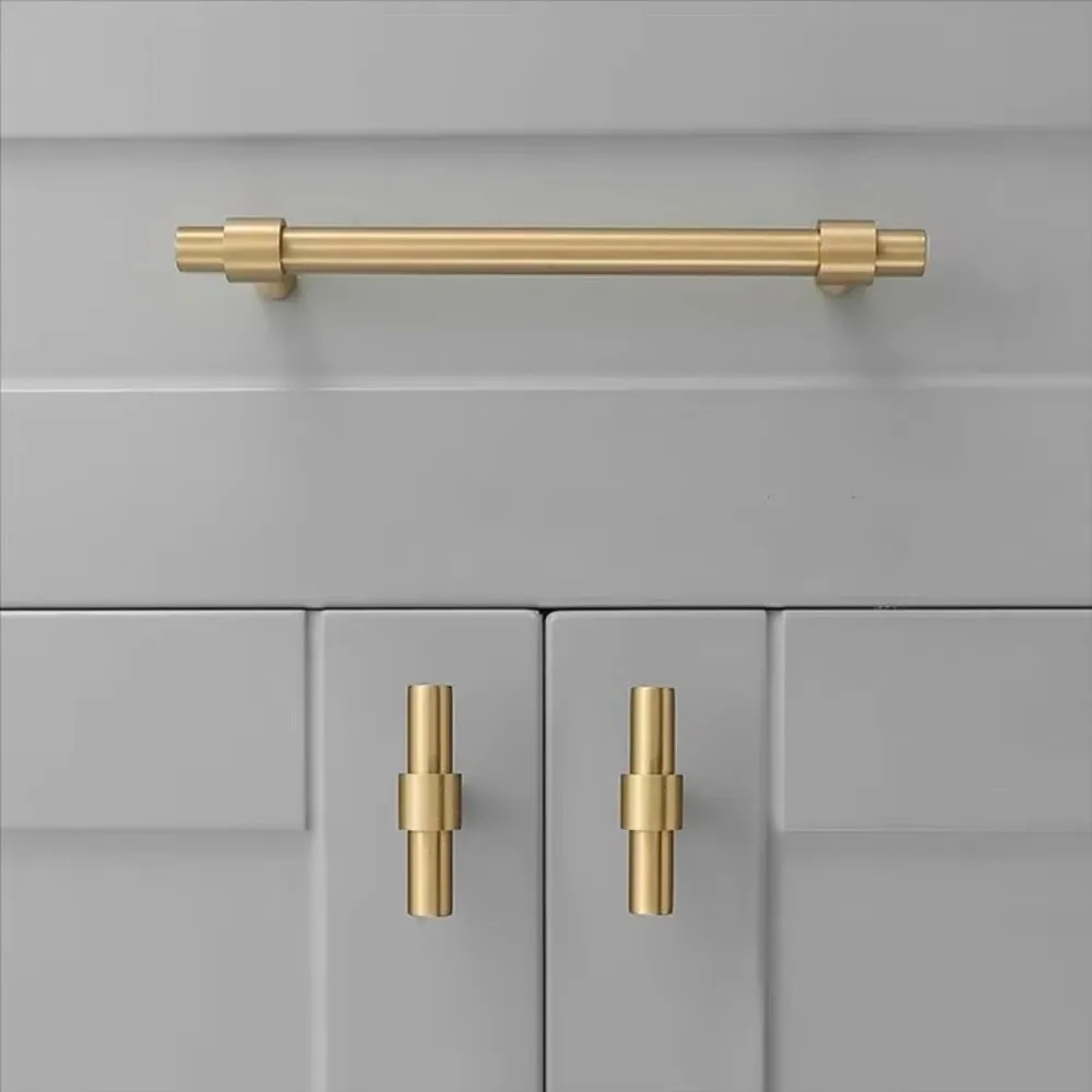 Modern Satin Brass Cabinet Handles T Shape Golden Drawer Pulls Solid Brushed Pull Handles Kitchen Cabinet Wardrobe