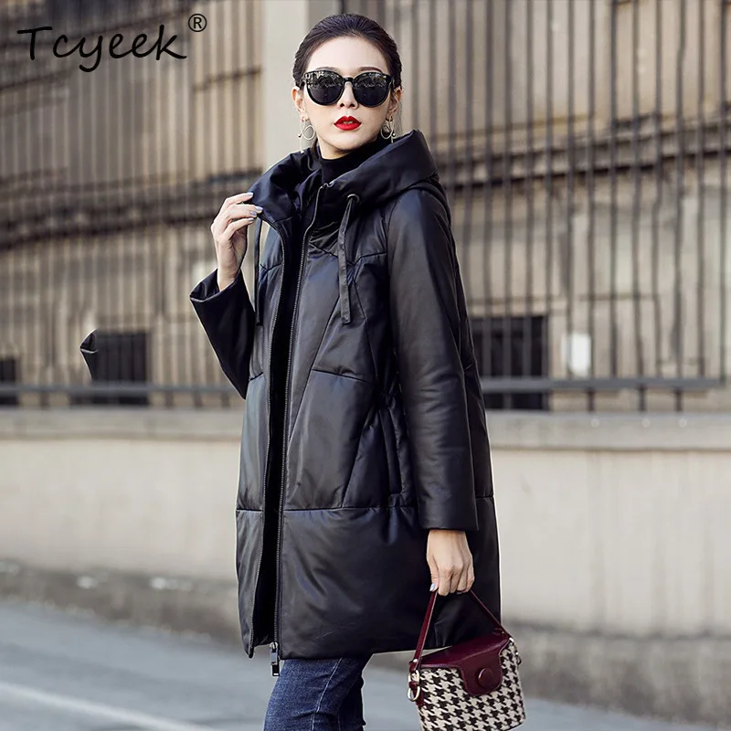 Tcyeek Real Top Layer Sheepskin Autumn Winter Black Hooded Medium Length Women's Genuine Leather Jacket Женская Кожаная Куртка