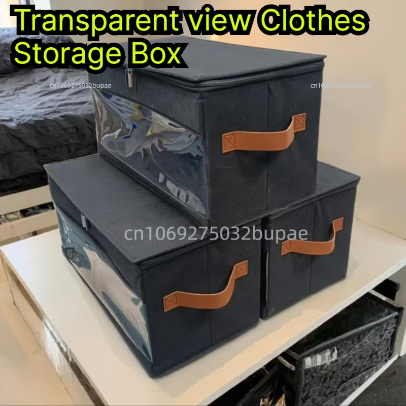 Multi-purpose Foldable Fabric Storage Box Fabric Storage Container Clear Visible Window Leather Handle Dustproof Toy Organizer