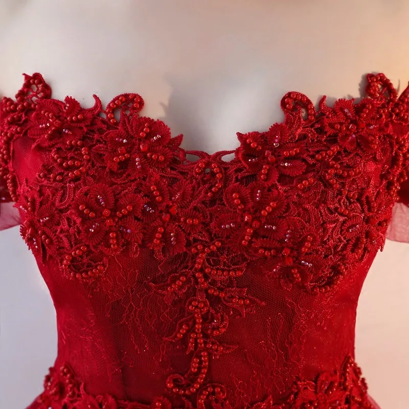 2025 nuevo vestido de noche de cintura alta de malla bordada de otoño para mujer aspecto de moda cubierta fina vestido largo de boda rojo del vientre