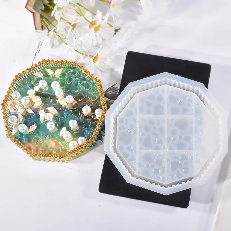 Nuevo Molde para Bandeja de Gotas de Rocío y Posavasos con Patrón de Agua y Diseño de Corazón, Molde para Plato de Almacenamiento Poligonal y Caja de Almacenamiento de Joyas, Decoración del Hogar xt402-LJX