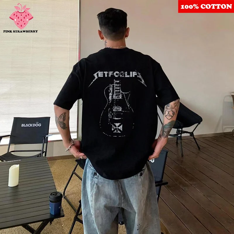 

American style Street Guitar Print T-shirt Men's Summer 2025 New 100% Cotton Short sleeves Gym Sport Tee Y2k Top Mens clothing