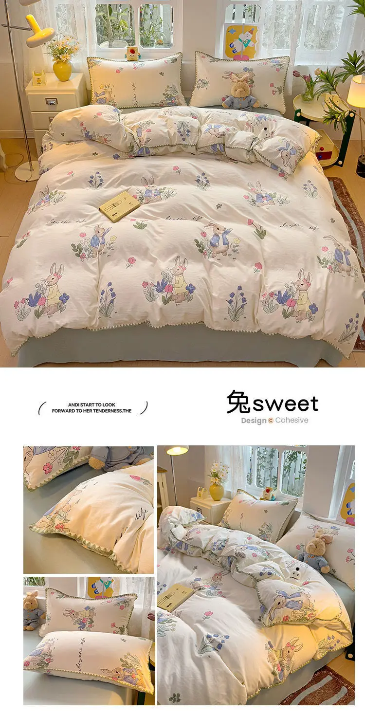 Ins Bettwäsche-Set, lila Liebesstreifen, doppellagiges Garn, vierteilig, Schlafsaal, Mädchen, Herz, Bettlaken und Steppdecken-Set, gewaschene Baumwolle – Detail 19