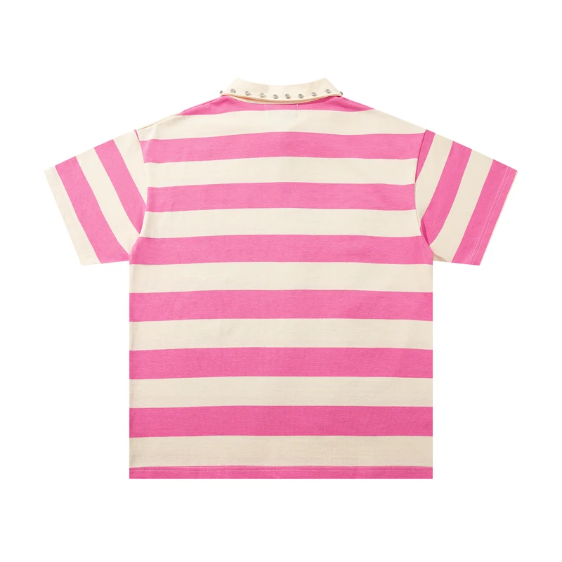 Man Street Pink White Stripe Rhinestone Collar Short Sleeve Polo Half Zip Skull Charm Loose Majestik T-shirts