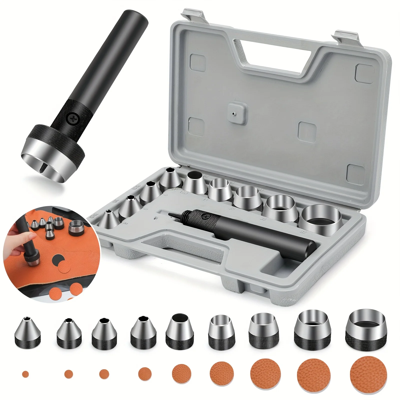 

10in1 Round Hollow Punch Set Heavy Duty Faux Leather Hole Tool with Handle for Wallets Belts Canvas 5-32mm for Craftsmen DIY Fan