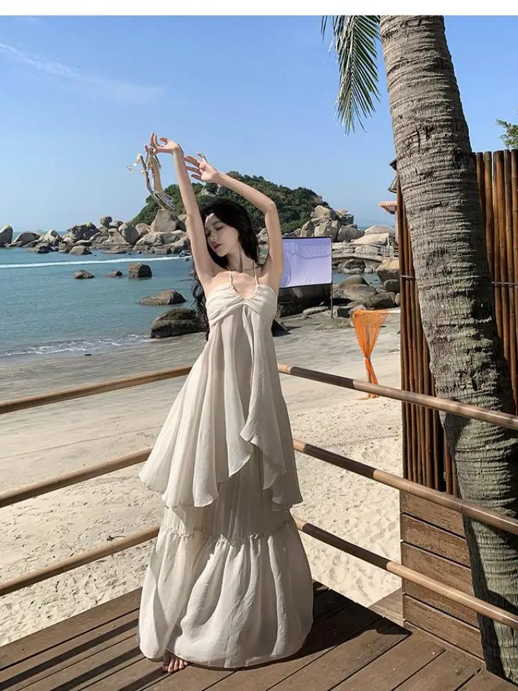 

Summer White Vacation Fairy 2pcs Set Women Strapless Halter Off Shoulder Tops And Elegant Party Club Ruffles Pleated Long Skirts