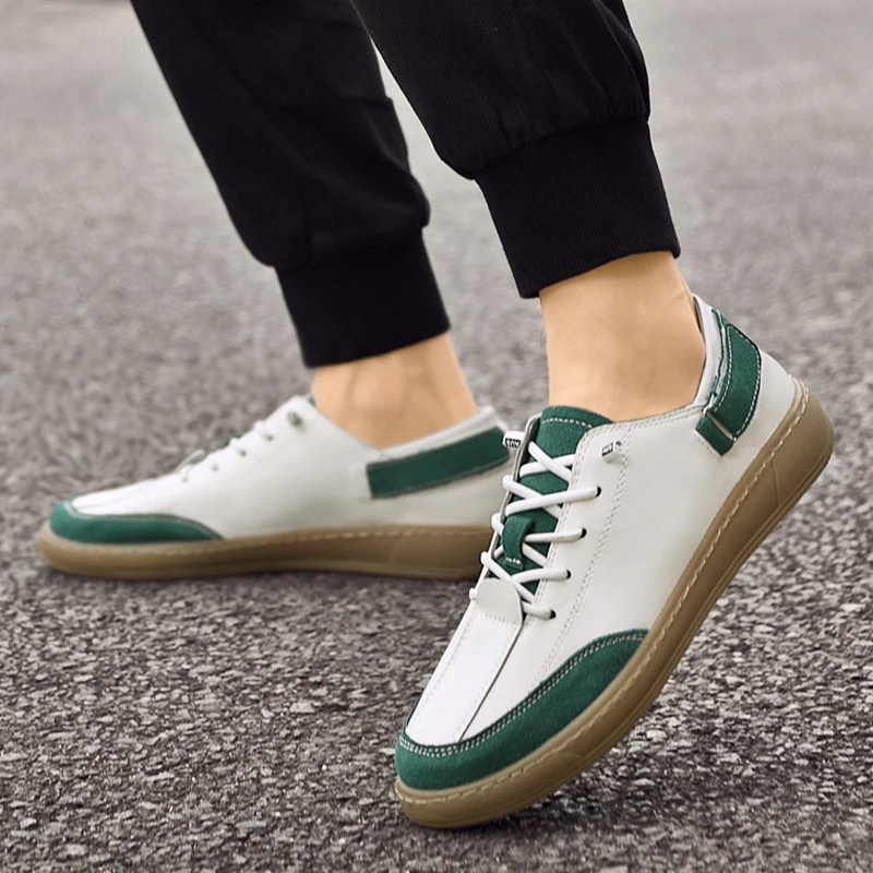 Fashion White Green Casual Sneakers Genuine Leather Male Sport Shoes Outdoor Lightweight Men Vulcanize Shoes Skateboard Footwear