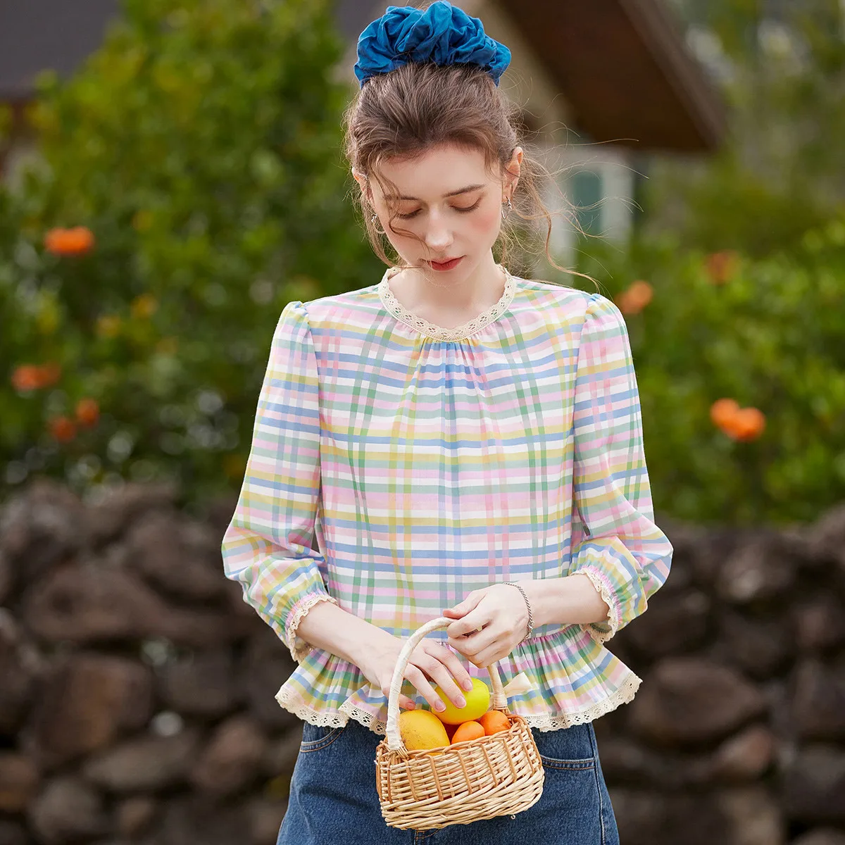 Women's Plaid Ruffle Blouse with Lace Trim and Round Neck