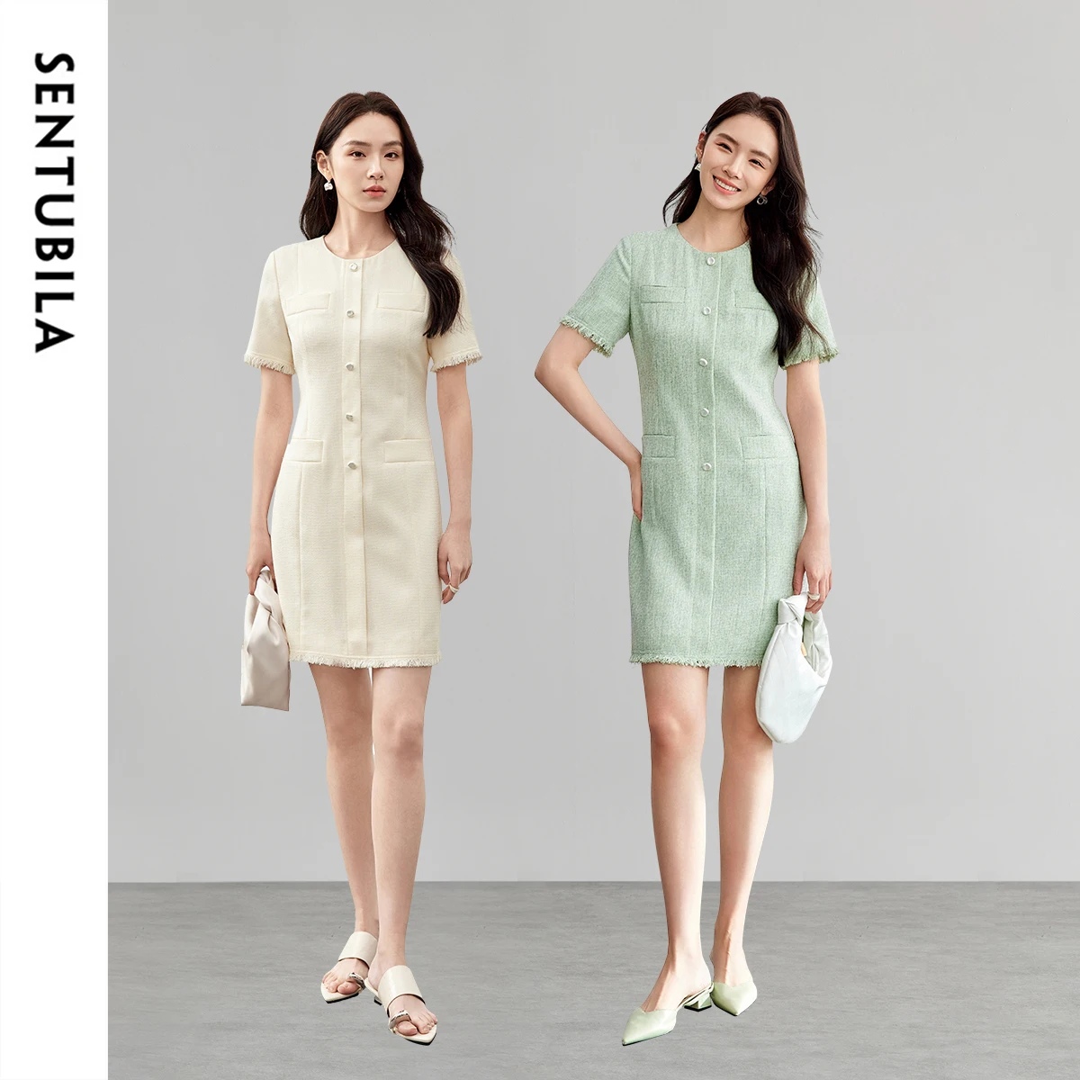 

SENTUBILA Tassels Mini Dresses For Women 2025 Spring Luxury Style Crewneck Short Sleeve Button Party Short Dress 151L58195