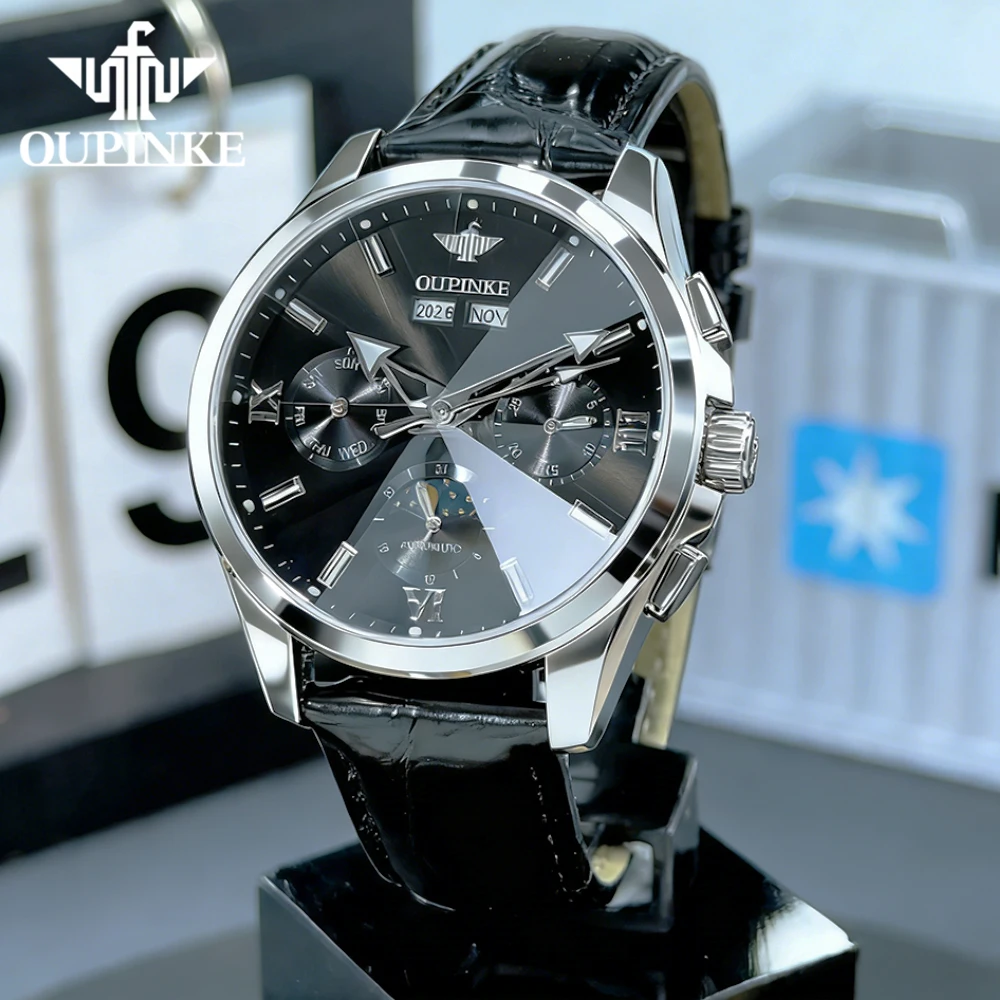 OUPINKE Men's Watches Luxury Casual Leather Strap Original Automatic Mechanical Wristwatch Rhombus Sapphire Mirror Calendar 3325