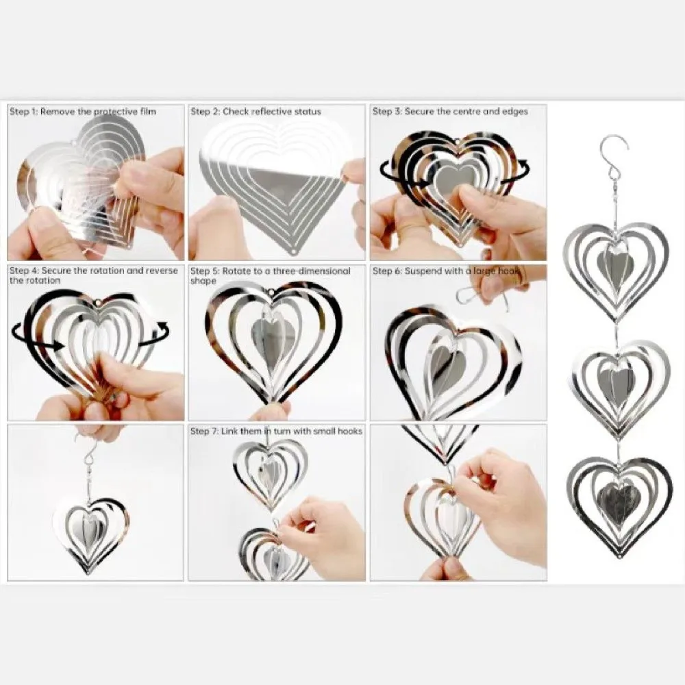 Rotatable Design Heart Wind Chime Double-Sided Reflective Surface Wind Spinner Sparkly Metal Hanging Ornament 3D Metal Heart