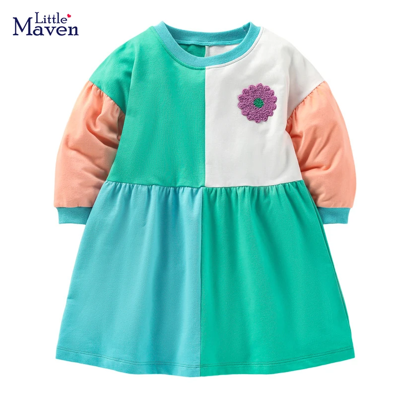 Little maven 2024 Casual Cotton Clothes Baby Girls Spring and Autumn Dress Green Flower Frocks for Kids 2-7 year