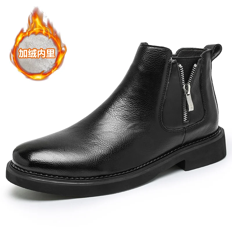 

2025 Winter Genuine Leather Shoes Mens Fashion Chelsea Boots Warm Plush British Style Cow Leather Brand Male Footwear D560