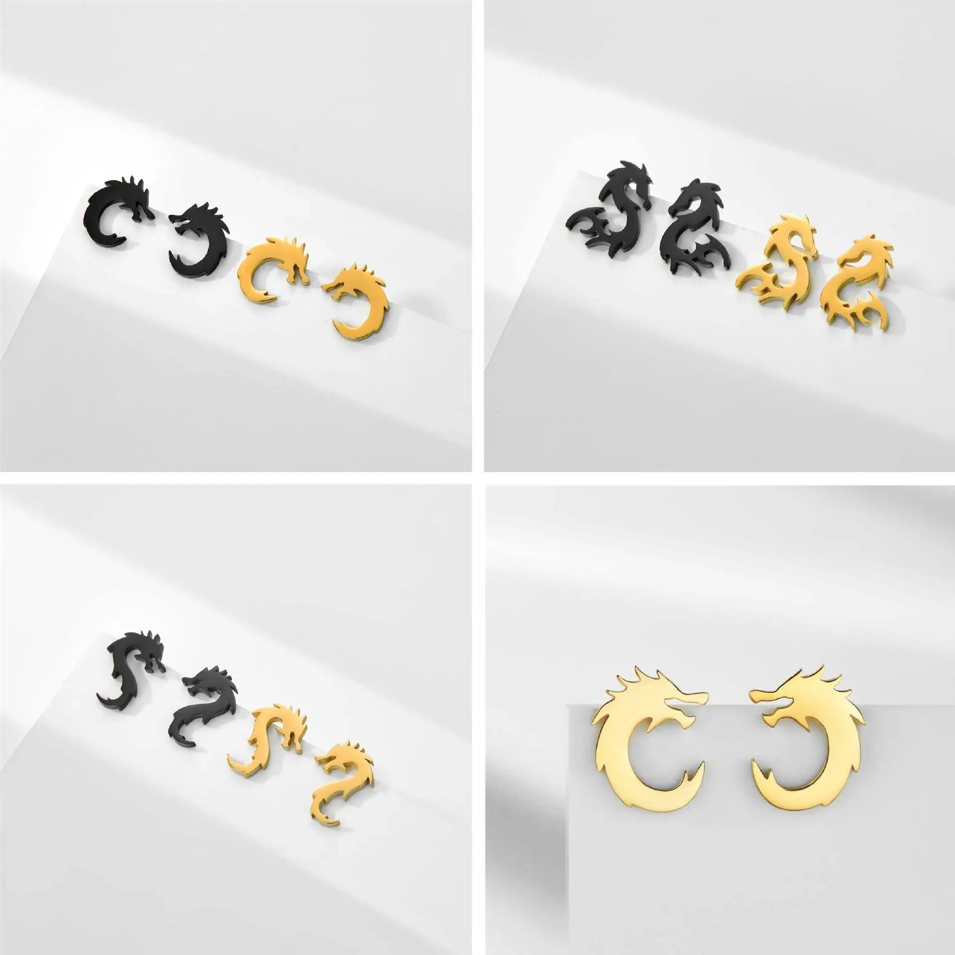 Cool Chinese Dragon Pattern Mini Stud Earrings Women's Men's Gold & Black Color Stainless steel Earstuds