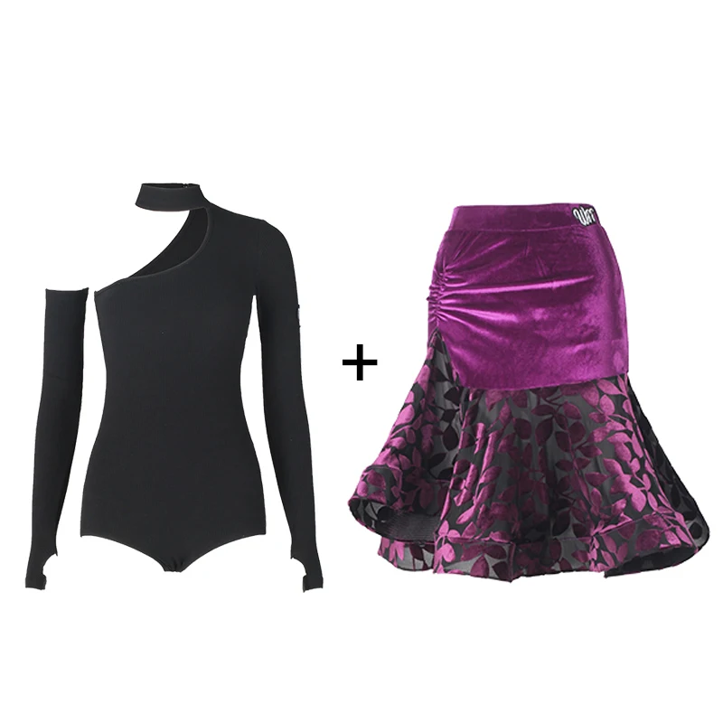不規則な袖ラテントップベルベットスカート女性ラテンダンスパフォーマンス衣装大人ルンバ社交ダンス服 SL9041
