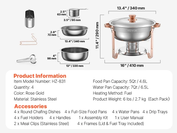 SucceBuy 4-pack komfoorbuffetset roestvrijstalen chafer met 4 full size pan ronde catering warmer server voor feestbanketten