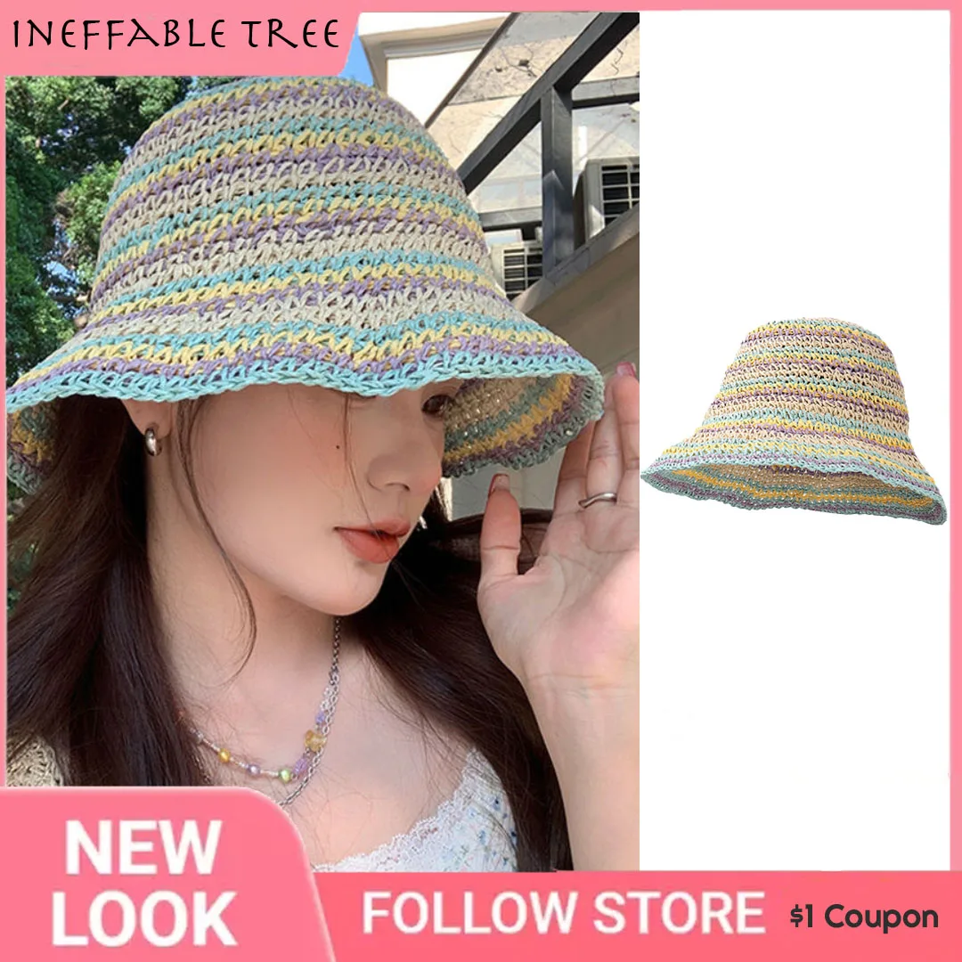 Y2K Macaroons Color Foldable Straw Bucket Hat Summer Outdoor Shade Travel Beach Breathable Sun Hats Striped Women's Caps Gorras