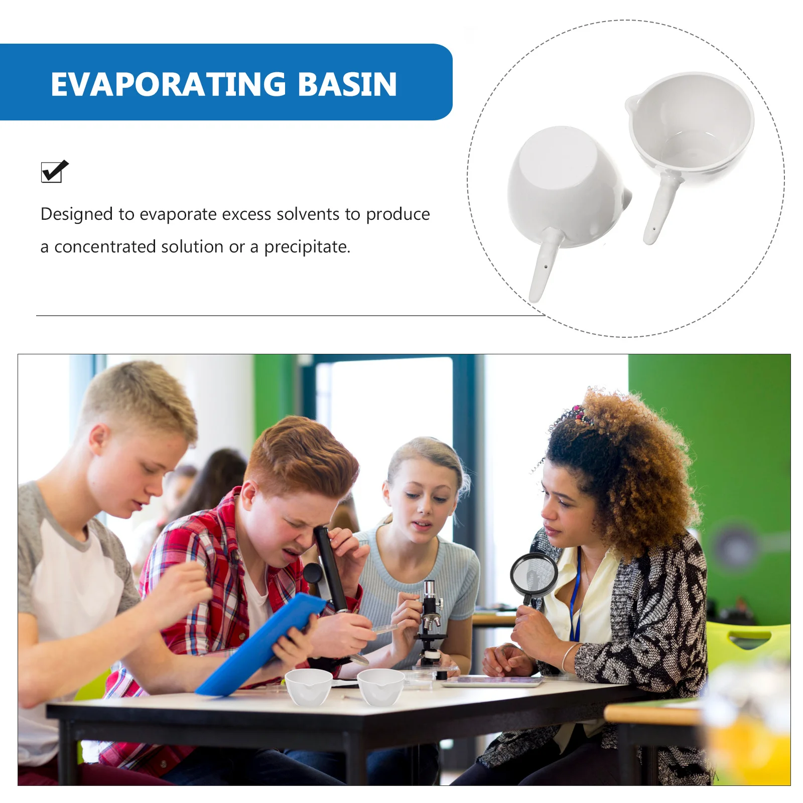 

2Pcs Handle Evaporating Dish Round Basin Acid Alkali Resistant Science Evaporating Container Laboratory Equipment