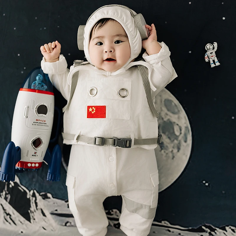 3-4 mesi Abbigliamento per bambini Cappello + Tuta 2 pezzi / set Tema spaziale Baby Space Suit Set Puntelli per fotografia per bambini Baby Boy Studio Shoot Costum