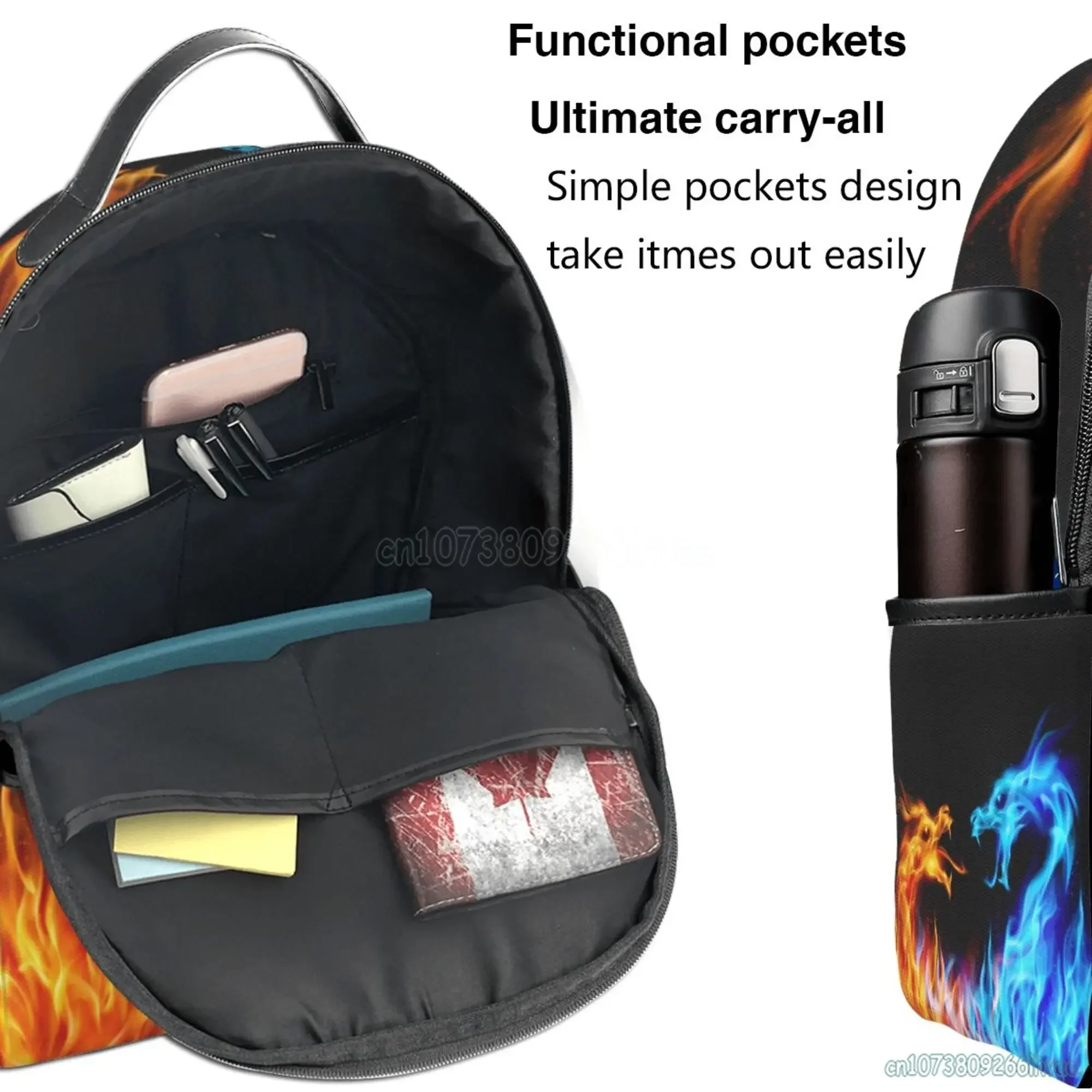 Zaino scolastico Blu e rosso Fiery Dragons Bookbag per ragazzi Ragazze Adolescenti Borsa da viaggio casual Zaino per computer portatile