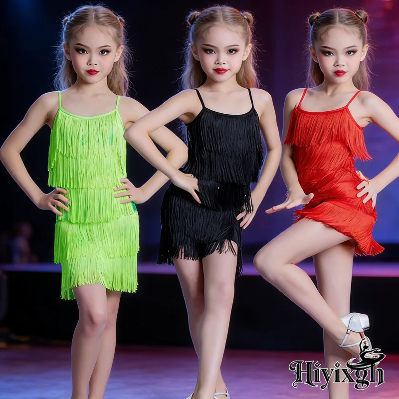 

Kids Girls Samba Latin Dance Dress Competition Ballroom Dancing Salsa Tango Fringe Tassel Standard Practice Costume Child Suit