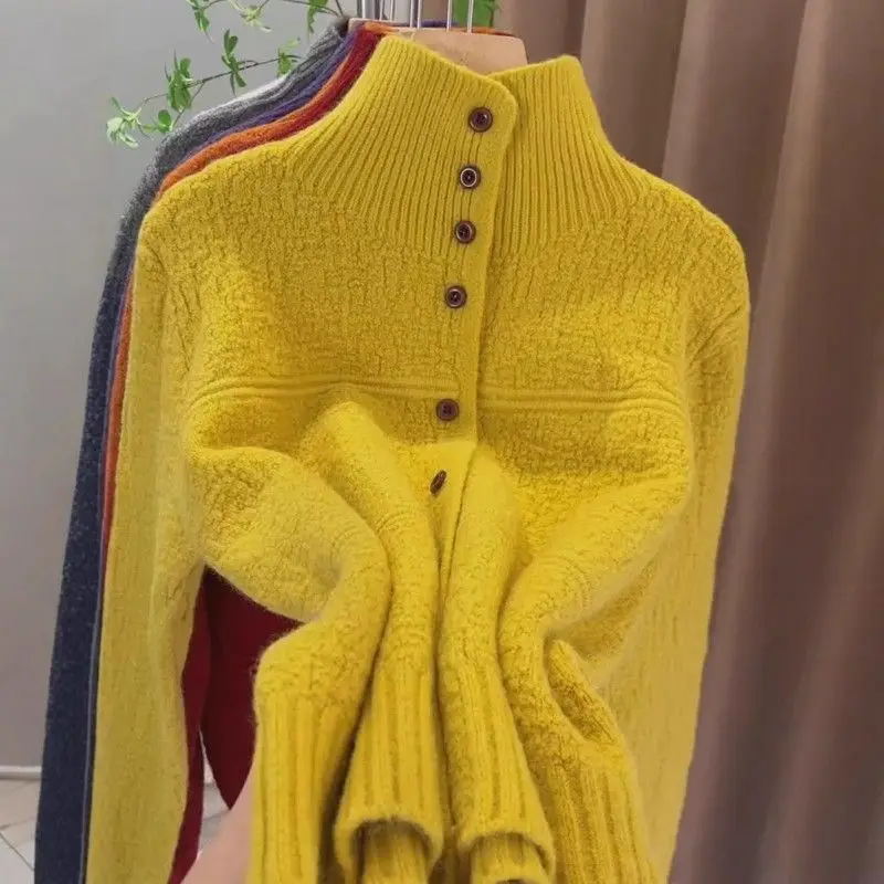 Wool Sweater For Women Autumn Winter Fashion Half Turtleneck Knit Jumper Lady Thicken Warm Soft Sweater Single-Breasted Jacket