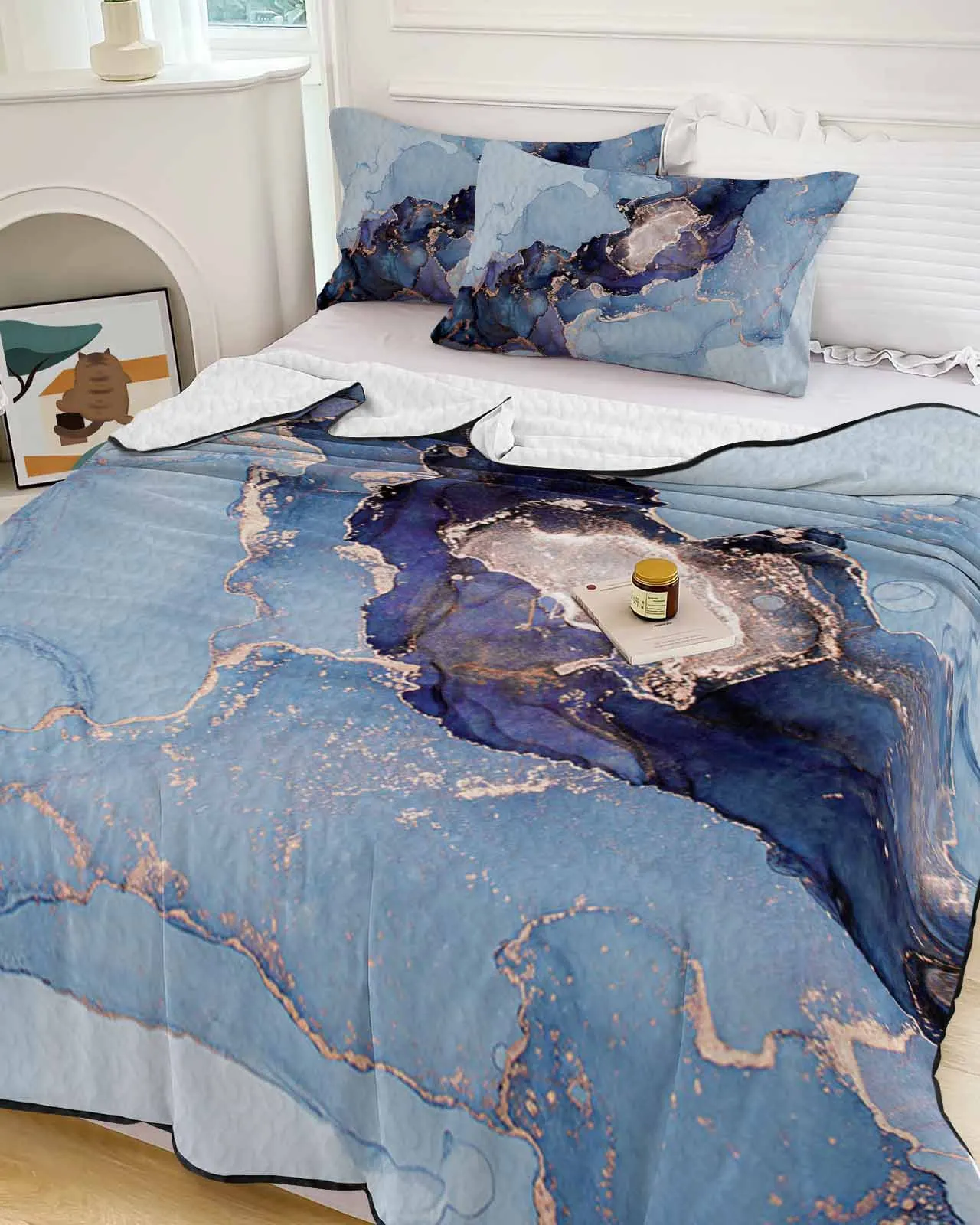 

Marble Ink Chinese Style Blue Purple Cooling Blankets Air Condition Comforter Lightweight Summer Quilt for Bed Soft Thin Quilt