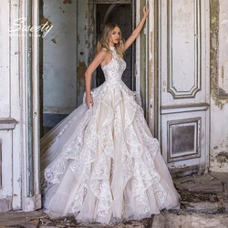 Luxury Wedding Dress Embroidered Lace On Net With Ruffled O-Neck Off The Shoulder Sleeveless Bride Customized Robe De Mariee