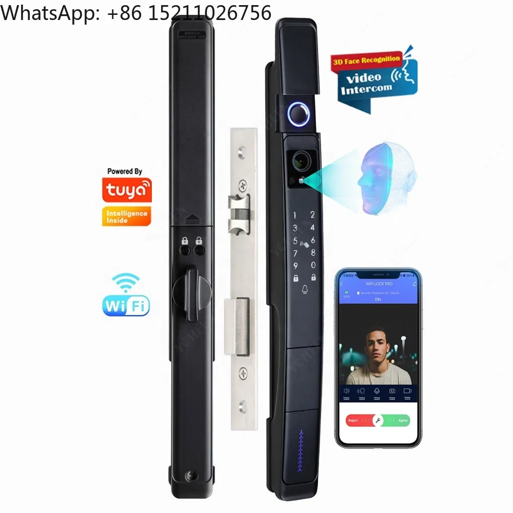 Outdoor Waterproof Aluminum Sliding Door Lock Tuya Face Recognition Fingerprint Key Card Smart Lock Visual Intercom Wifi Lock