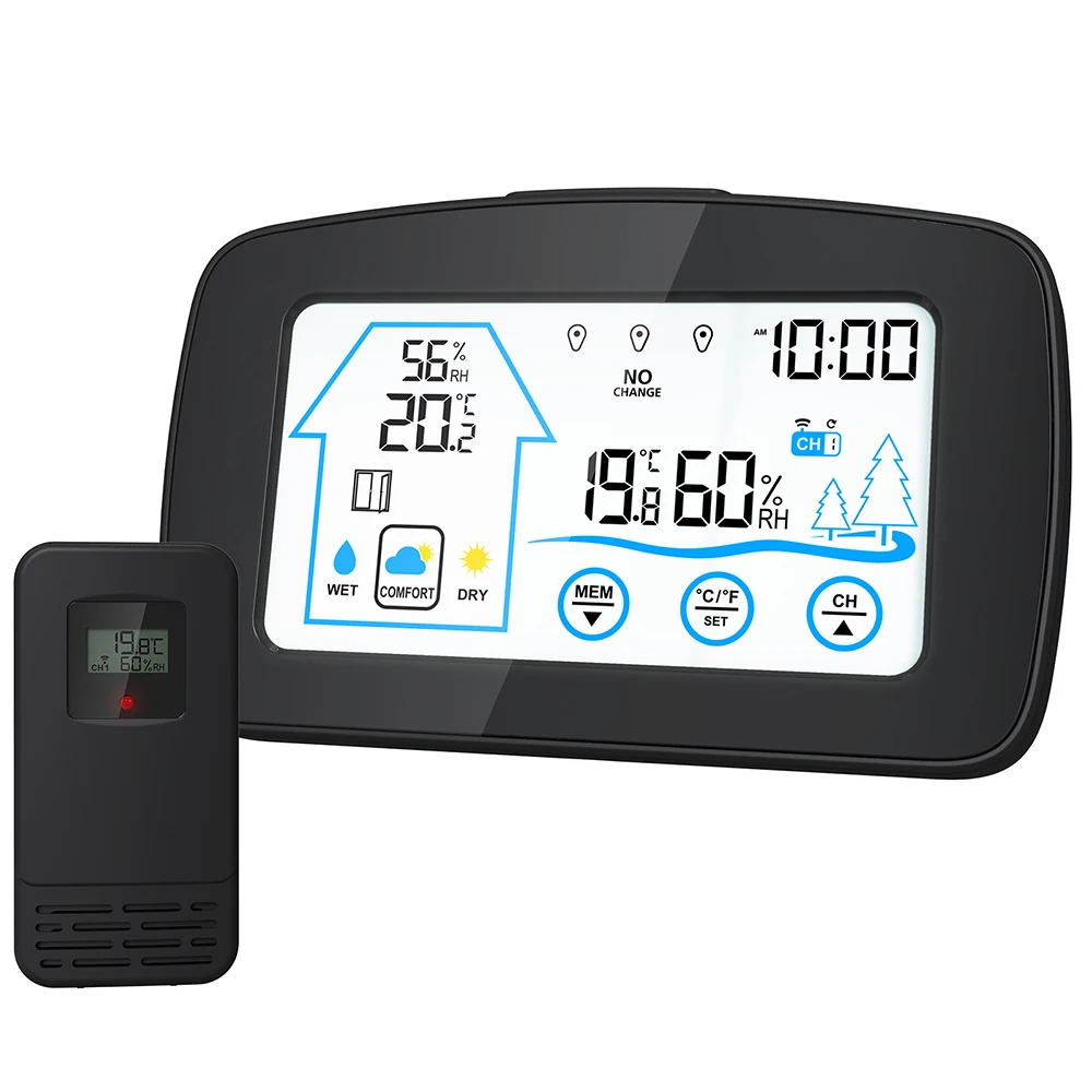 Monitor temperatury z ekranem dotykowym Bezprzewodowy wewnętrzny termometr zewnętrzny Higrometr cyfrowy elektroniczny zegar ścienny