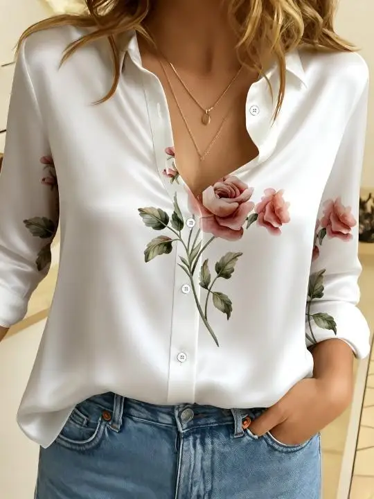 Women Lapel Collar Long Sleeve Button Down Shirt Tropical Rose Floral Print Casual Loose Fit Blouse Tops