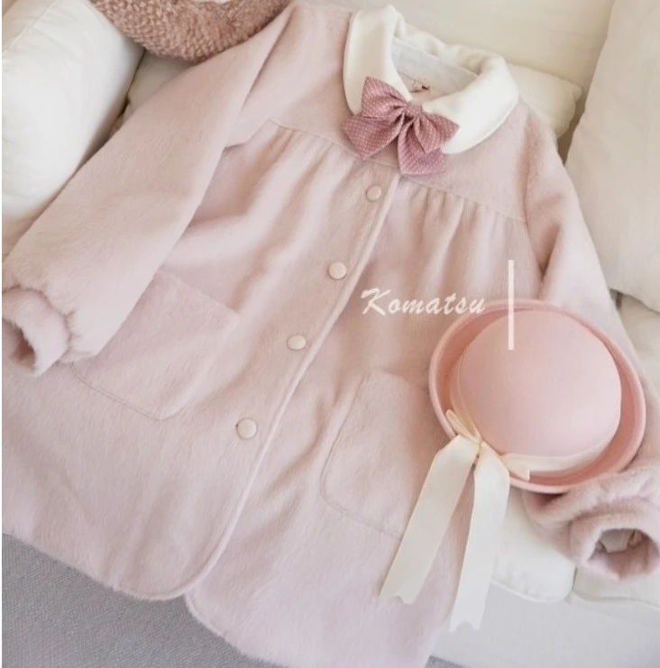Winter Lolita Fashion Thickened Sweet Peter Pan Collar Coat Cute Girls Woolen Loose Versatile Age-reducing Long-sleeved Tops