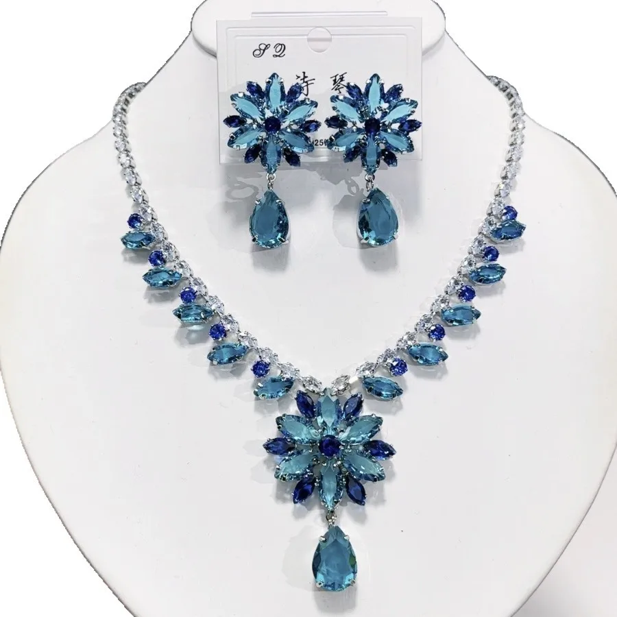 Luxury Blue Snowflake Jewelry Set CZ Cubic Zirconia Sparkling Necklace Earrings Sets Bridal Jewelry Party Jewellery Accessories