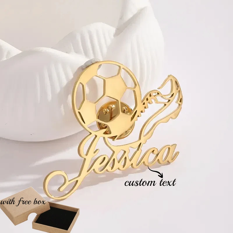 

Personalized Soccer Ball Player Name Brooch Pin Custom Stainless Steel Daily Wear&Sports Events Jewelry With Free Box Gift