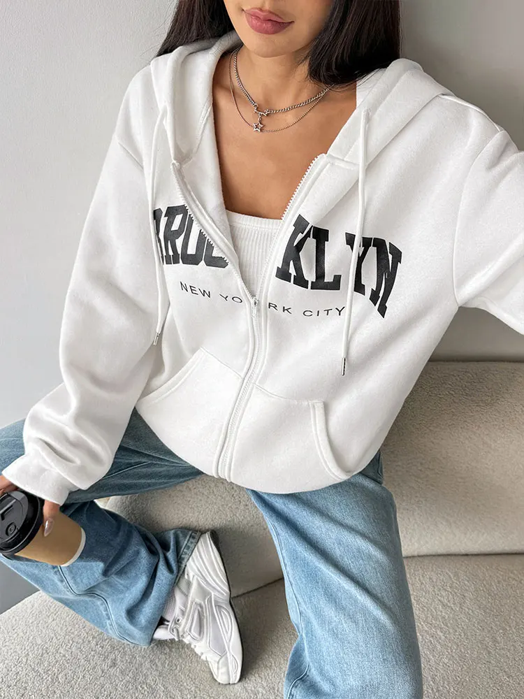 가을 여성 코트 후드티 스트리트웨어 패션 긴 소매 포켓 지퍼 레이스업 프린트 코트 여성 캐주얼 슬림 다용도 의류