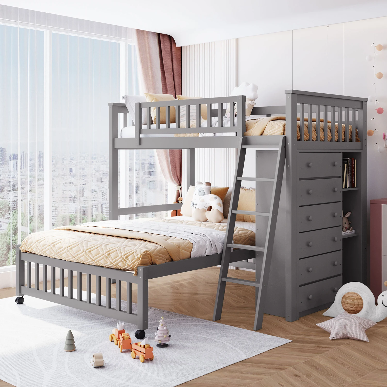 Wooden Twin Over Full Bunk Bed With Six Drawers And Flexible Shelves,Bottom Bed With Wheels,Gray(OLD SKU LP000531AAE)