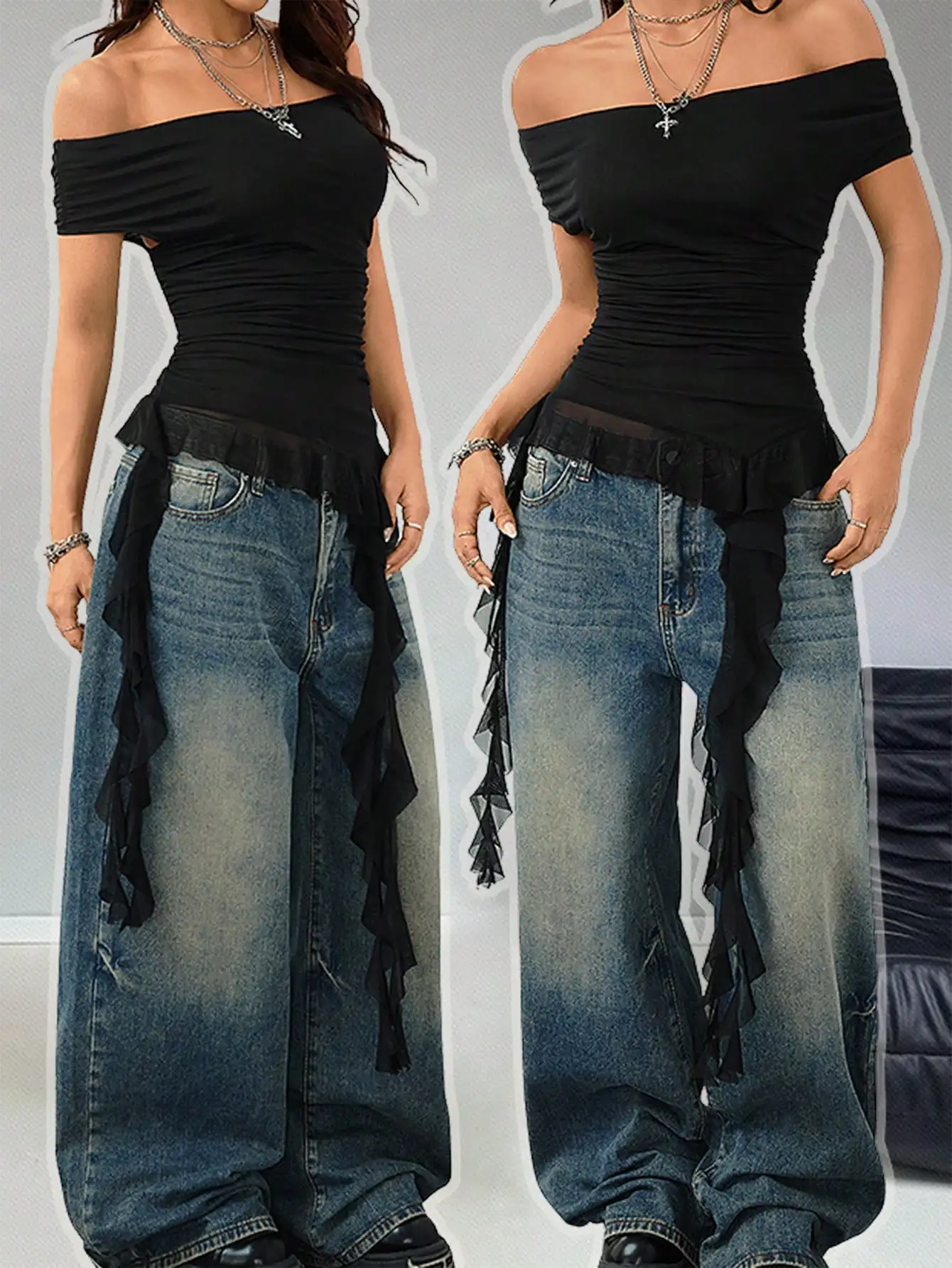 

Women's Off Shoulder Ruffle Hem Top with Mesh Detail, Casual Festival Style