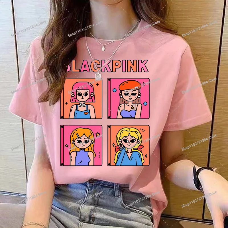 BlackPink Fashion T-shirts for Women Kpop BP Korean-style Pink Short-sleeved Top Female Summer Commute Comfortable Y2K Tees Gift view 2