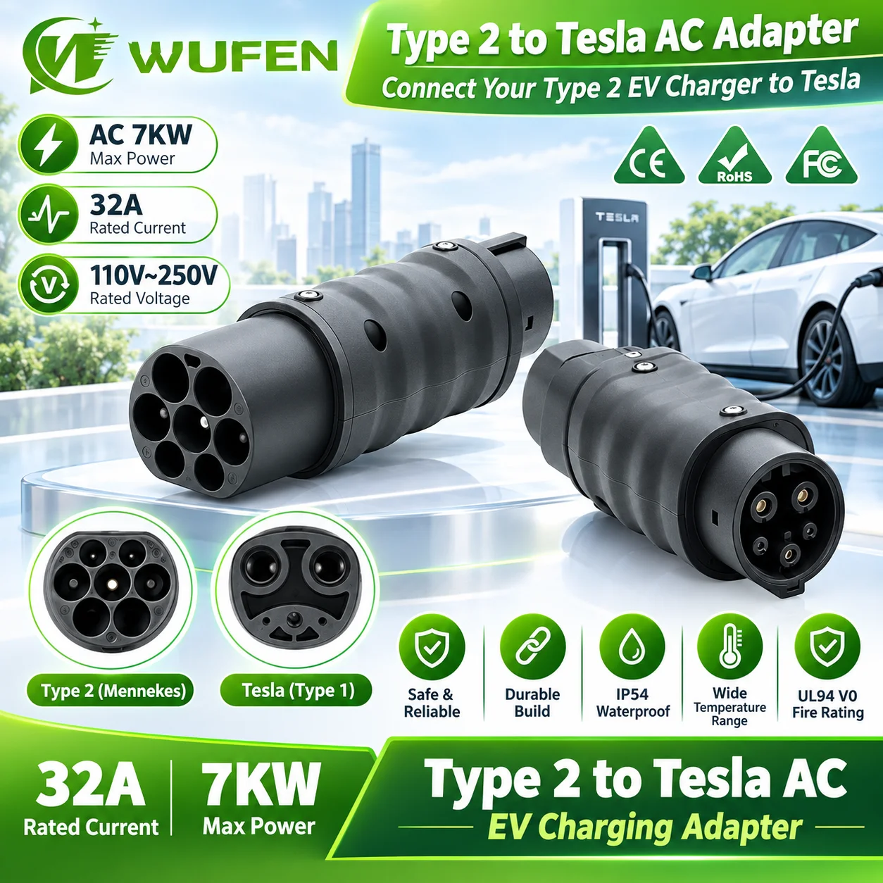 WUFEN Portable Adapter Type 2 to Type 1 Charger Connector 32A 7KW AC 110V~250V Electric Vehicle Charger Type 2 to J1772 Adapter