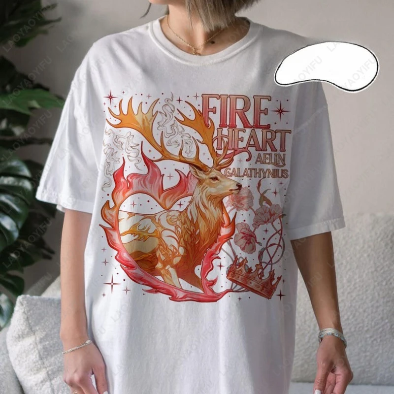 Fire Heart Aelin Galathynius Graphic Clothing Design Fantasy Deer with Crown and Flowers Tops Men Women Lady Cotton Funny Tshirt