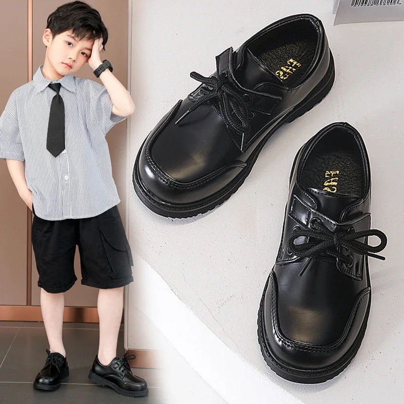 Chaussures en Cuir Noir à Lacets et Semelle Souple pour Enfant de 3 à 12 Ans, pour Écolier et Garçon