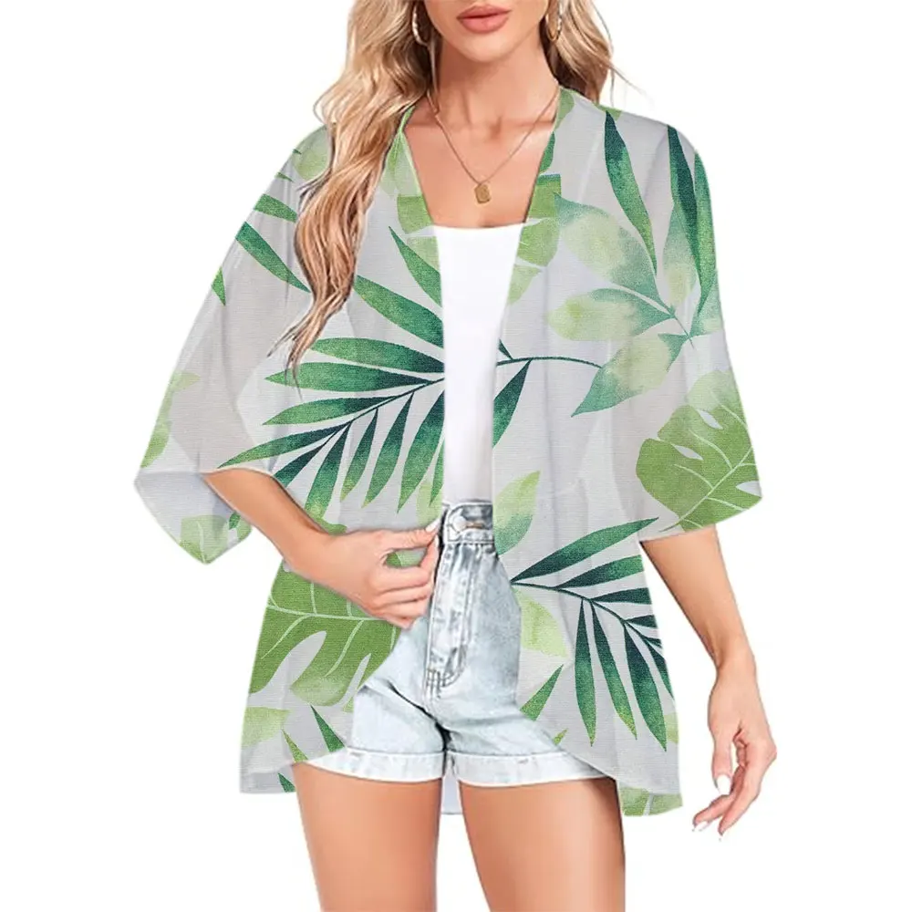 Verano Kimono traje de baño abrigo 3d hoja impresa playa cubrir Casual Kimono Cardigan Tops de gran tamaño vacaciones Sexy cubre capa