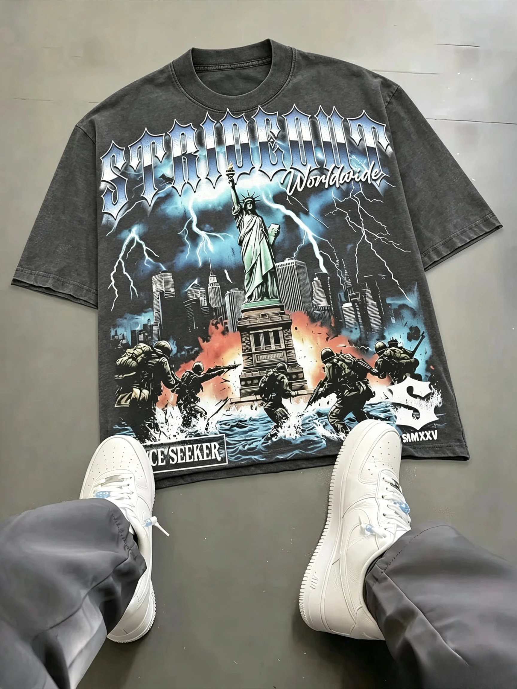 2026 New Unisex Dark Streetwear Graphic T‑Shirt Statue Of Liberty War Lightning Print Short Sleeve Hip‑Hop Tee Tops