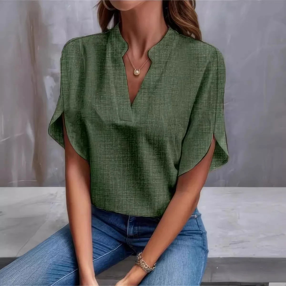 Camisas de lino para mujer, Tops holgados informales cómodos con hombros descubiertos, cuello en V, Color blanco y liso, verano, 2024