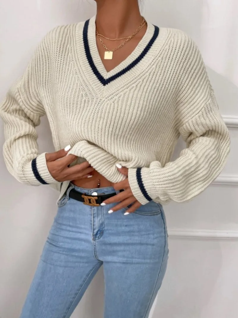 England Style Black and White Striped Sweater Spring Autumn Women V-Neck Loose Casual Pullovers Preppy Style Tennis Knit Sweater