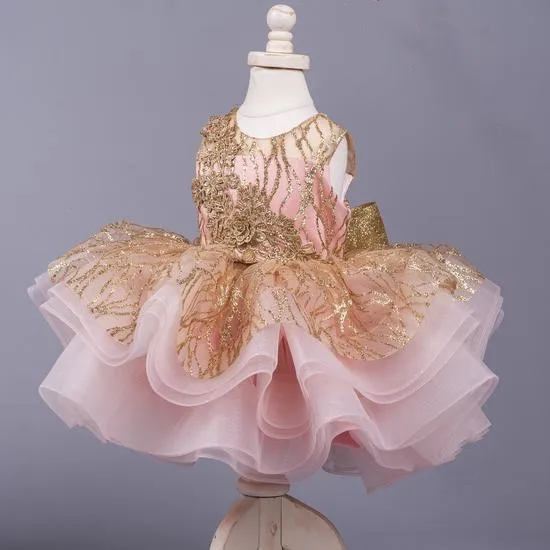 Schattige Baby Meisjes Jurken Champagne Kant Bloemen Roze Organza Knielengte Bloemenmeisje Jurk Kids Eerste Verjaardagsfeestjurken