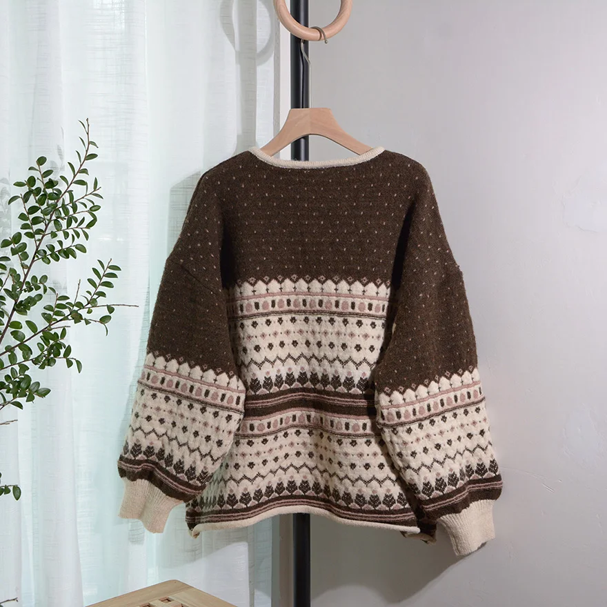 Retro-Kunststrickjacke mit runden Laternenmotiven, gestrickter Cardigan mit Thiened-Stickerei, offene Vorderseite, locker geschnitten, große Größe, modisch