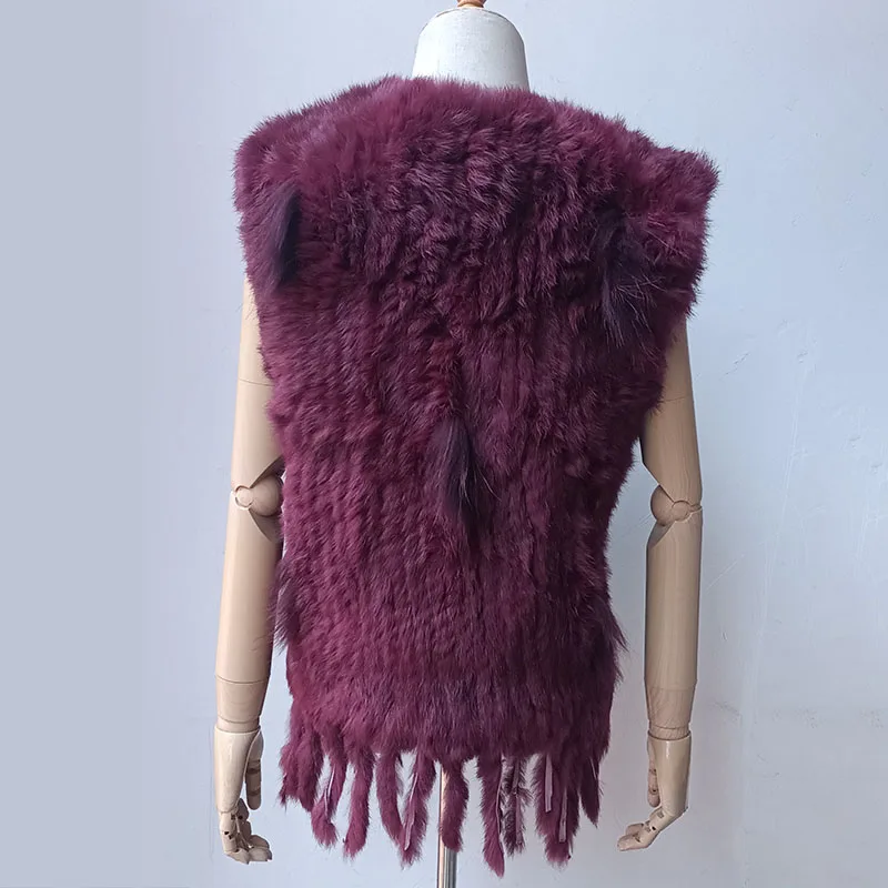 Gilet en fourrure véritable bordeaux avec pompon pour femme, col en V, gilet en fourrure de lapin naturel, neuf, offre spéciale, 2006, 2024